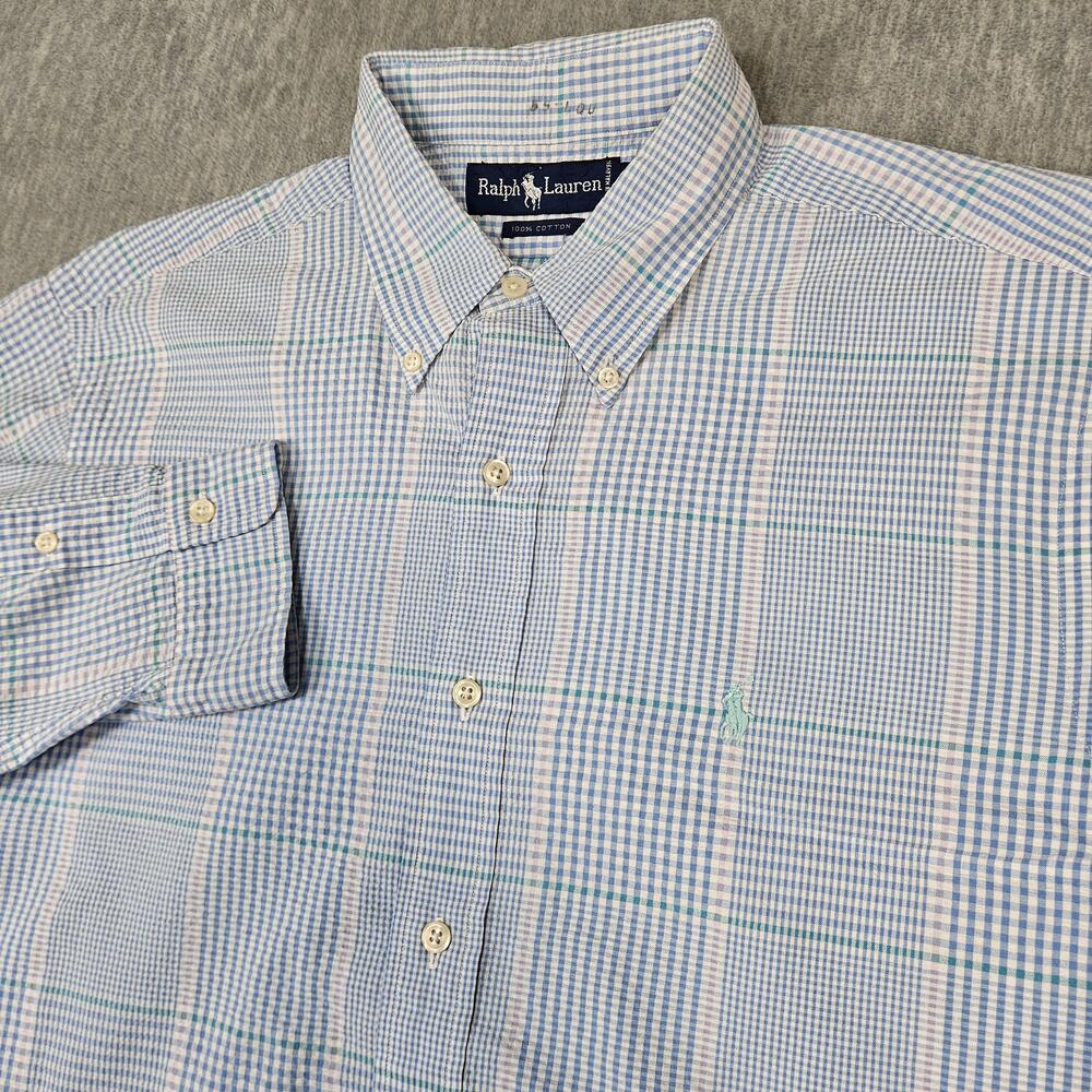 Ralph Lauren Seersucker Shirt Mens XL Plaid Button Up Long Sleeve